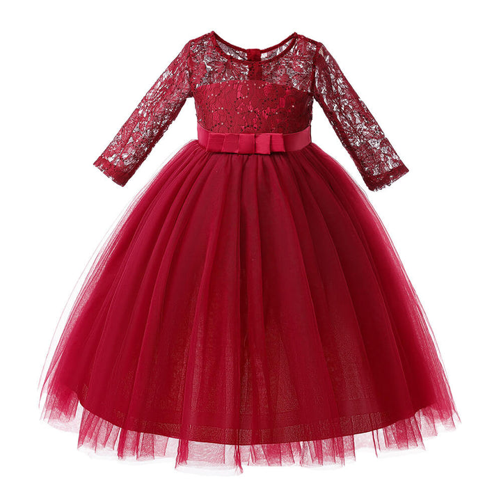 Red Lace Sequin Top Bow Waist Formal Flower Girl Princess Tulle Dress