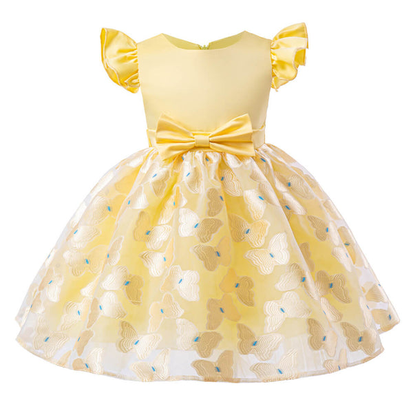 Little Girls Butterfly Embroidery Bow Waist Princess Party Dress