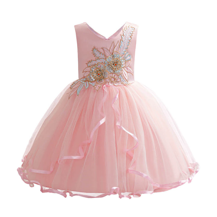 Little Girls Sleeveless Flower Embroidery Formal Birthday Tulle Dress