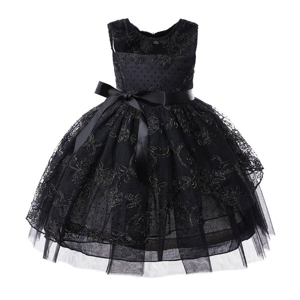 Little Girls Gold Flower Embroidery Bow Waist Birthday Black Dress