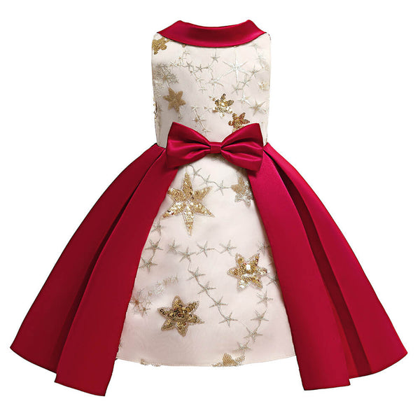 Little Girls Gold Sequin Star Embroidery Red Contrast Formal Dress