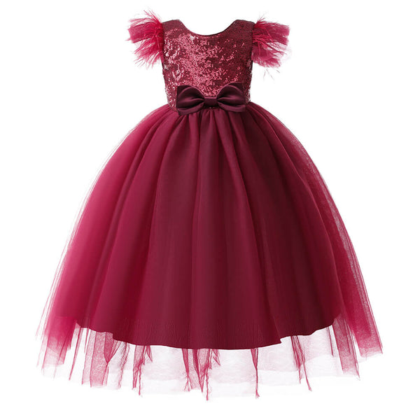 Little Girls Sequined Top Bow Waist Birthday Party Formal Tulle Dress