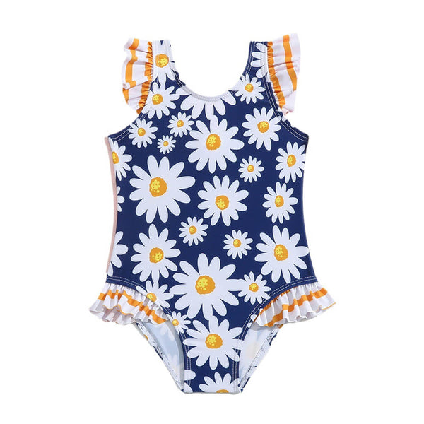 Little Girls Ruffle Trim Daisy Print One Piece Swimsuit