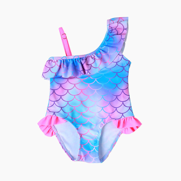 Little Girls Ruffle Trim Mermaid Fish Scale Print One Piece Swimsuit