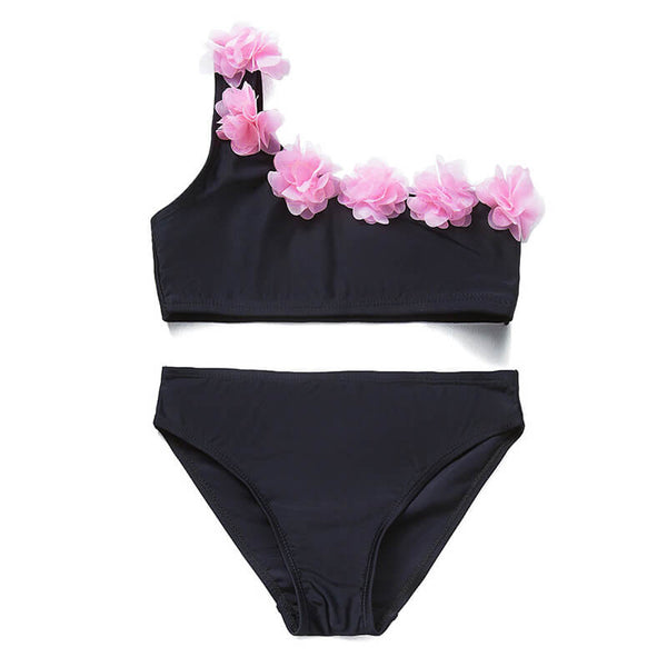 Little Girls Lace Flower Black One Shoulder Tankini Two Piece Swimsuit