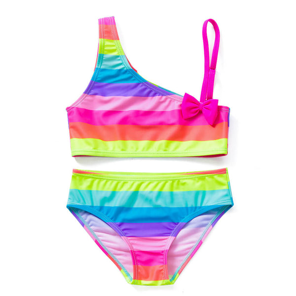 Little Girls Rainbow Stripes Bowknot Tankini Two Piece Swimsuit