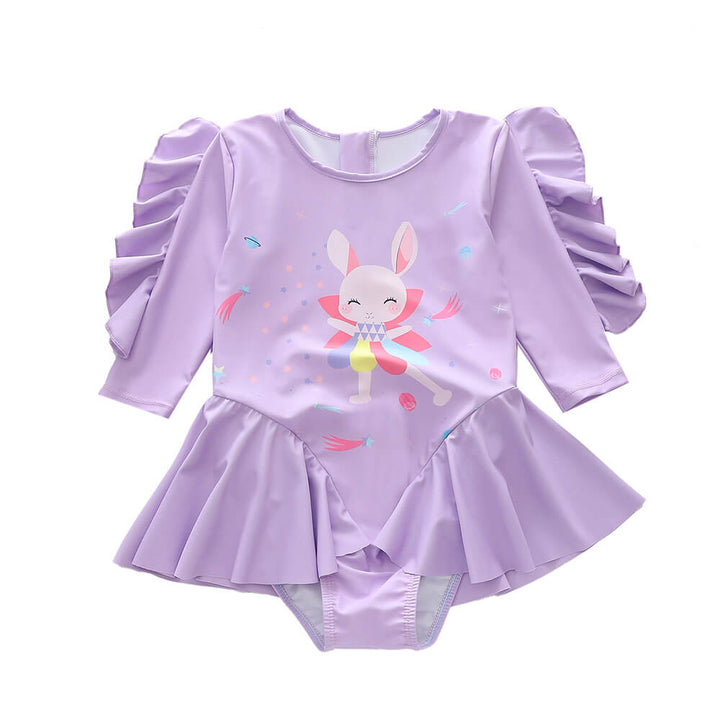 Girls Cute Bunny Flutter Long Sleeve One Piece Surf Rashguard Swimsuit