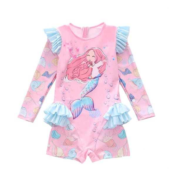 Girls Ruffle Detail Little Mermaid Long Sleeve Surf Rashguard Swimsuit