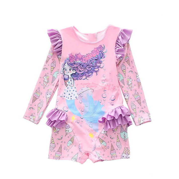 Girls Little Ice Cream Mermaid Long Sleeve Surf Rashguard Swimsuit