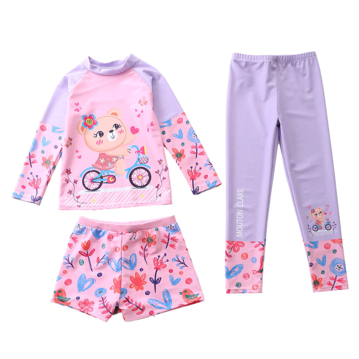 Girls Bear One A Bike Print Long Sleeve Surf Rashguard 3 Sets Swimsuit