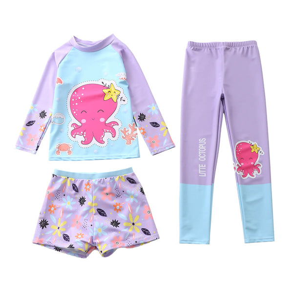 Girls Baby Octopus Print Long Sleeve Surf Rashguard 3 Pieces Swimsuit