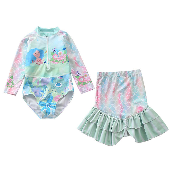 Little Girls Florals Mermaid Ruffle Surf Rashguard Two Piece Swimsuit