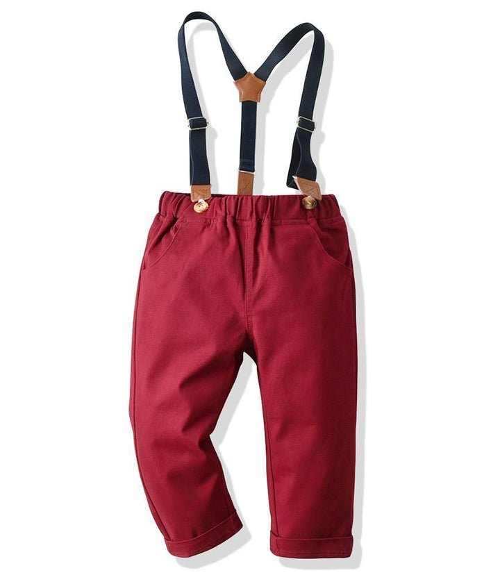 Boys Outfit Set Green Plaid Shirt With Bow Tie Red Suspender Trousers - FADCOCO