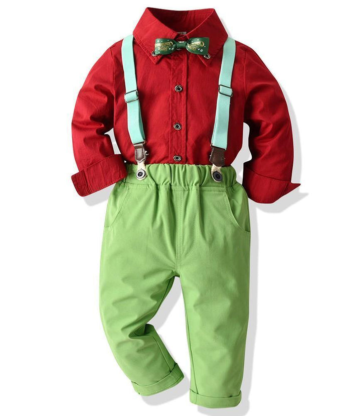 Boys Outfit Set Red Shirt With Bow Tie And Green Suspender Trousers