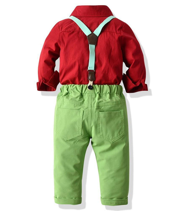 Boys Outfit Set Red Shirt With Bow Tie And Green Suspender Trousers - FADCOCO