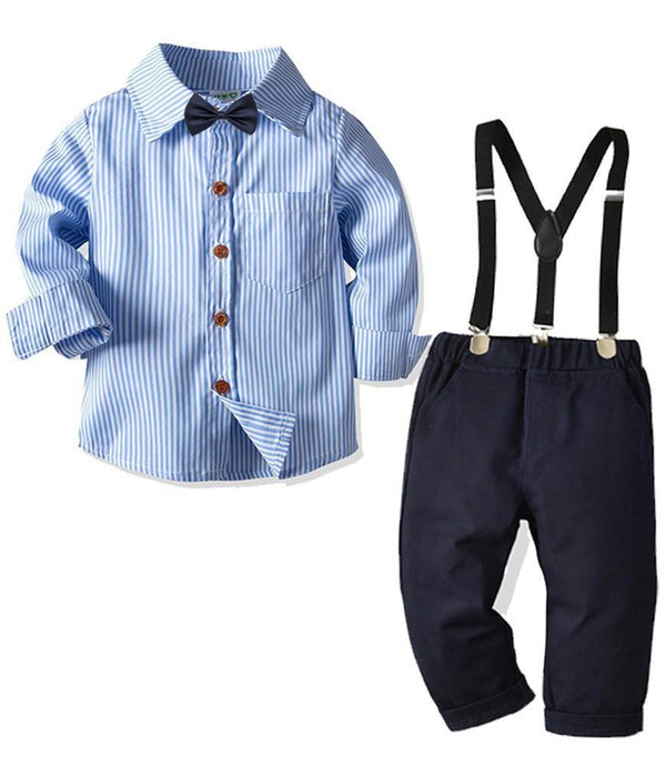 Blue Stripe Cotton Bow Tie Shirt And Suspender Pants Boys Outfit Set