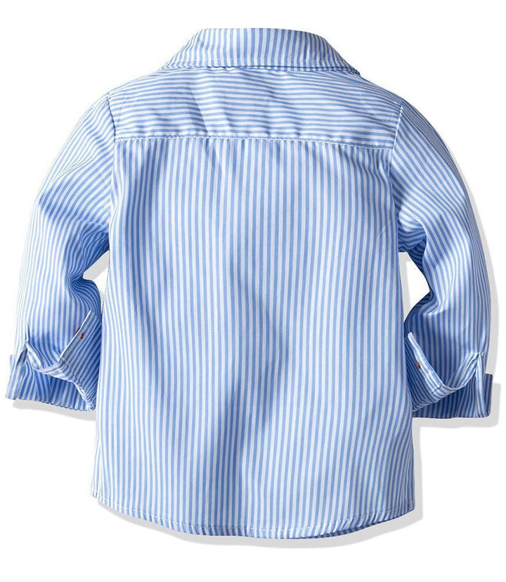 Blue Stripe Cotton Bow Tie Shirt And Suspender Pants Boys Outfit Set - FADCOCO