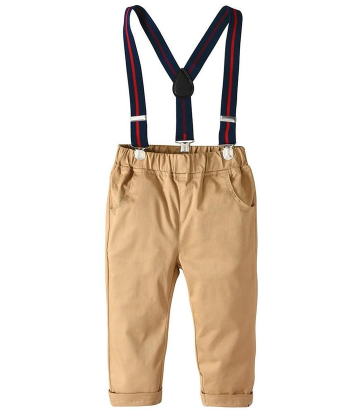 Blue Stripe Cotton Shirt With Red Bow Tie Suspender Pants Boys Outfit - FADCOCO