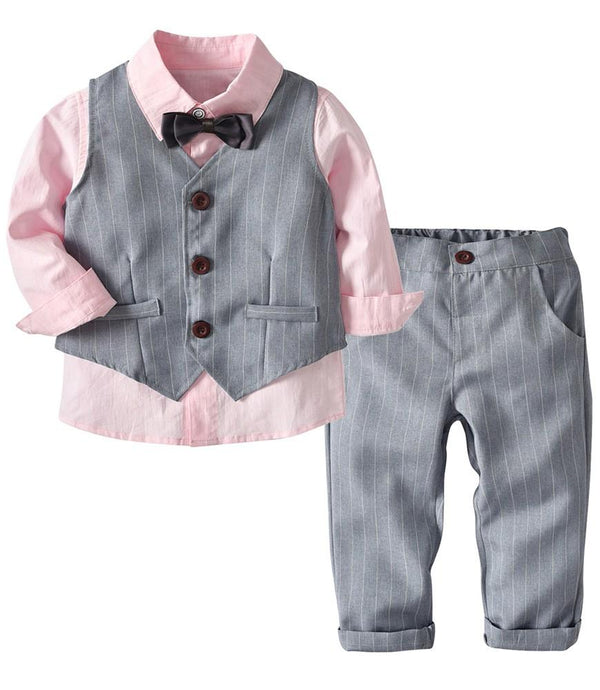 Pink Cotton Shirt Grey Stripe Waistcoat And Trousers Boys Blazer Suit