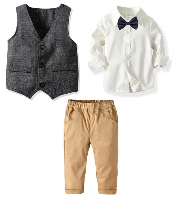 White Cotton Shirt With Bow Tie Grey Vest N Pants Boys Suit Outfit Set