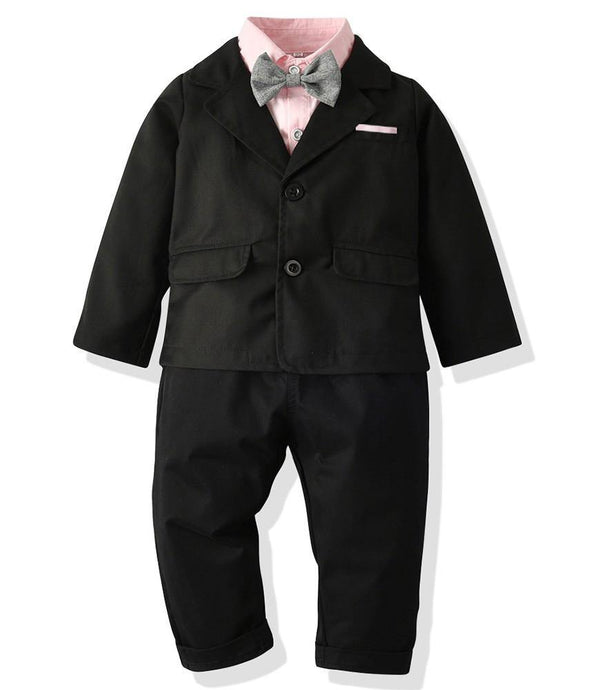 Boys Dressy Outfit Suit Pink Shirt Black Blazer And Suspender Pants