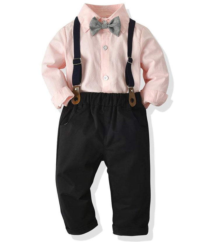 Boys Dressy Outfit Suit Pink Shirt Black Blazer And Suspender Pants - FADCOCO