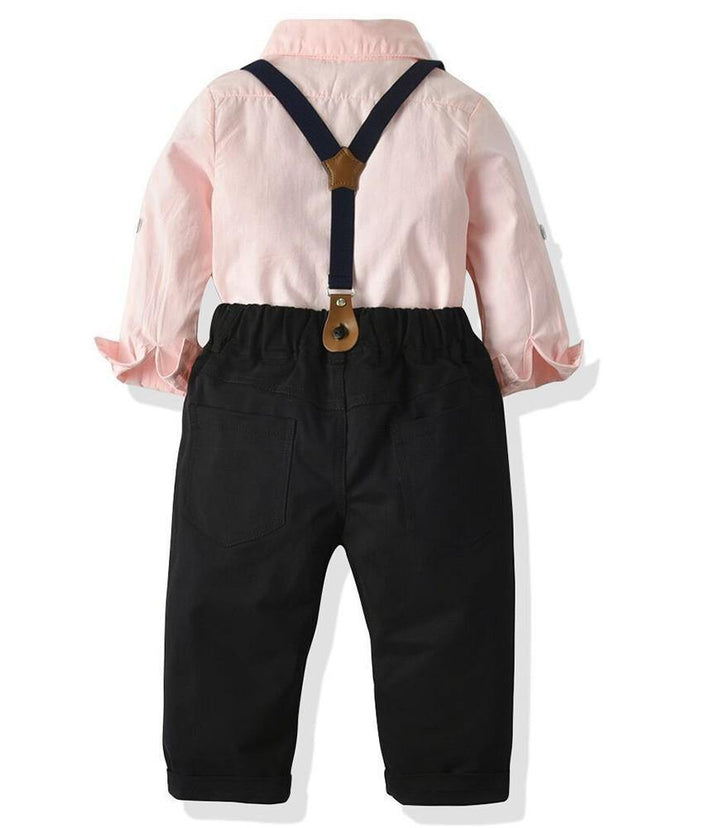 Boys Dressy Outfit Suit Pink Shirt Black Blazer And Suspender Pants - FADCOCO