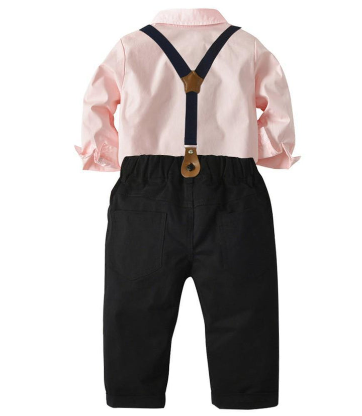 Boys Pink Cotton Shirt With Bow Tie And Suspender Pants Outfit Set - FADCOCO