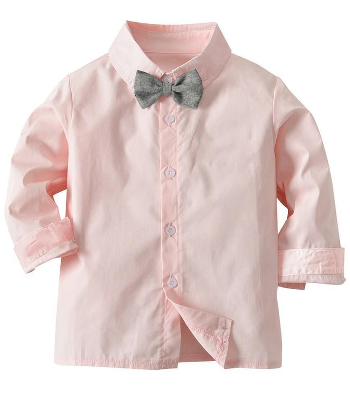 Boys Pink Cotton Shirt With Bow Tie And Suspender Pants Outfit Set - FADCOCO