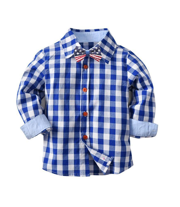 Boys Blue Cotton Plaid Shirt With Bow Tie N Suspender Pants Outfit Set - FADCOCO