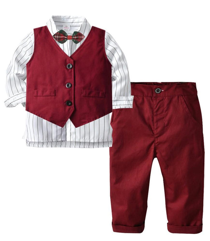 Boys Suit Outfit Set Bow-Tie Stripe Shirt Dark Red Waistcoat And Pants