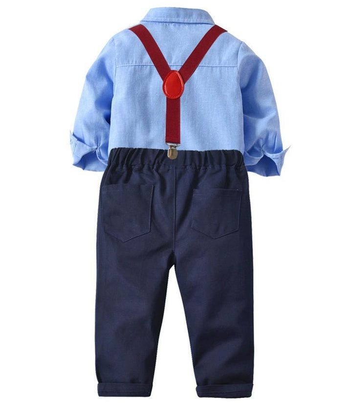 Boys Outfit Set Blue Cotton Shirt With Bow Tie And Suspender Pants - FADCOCO