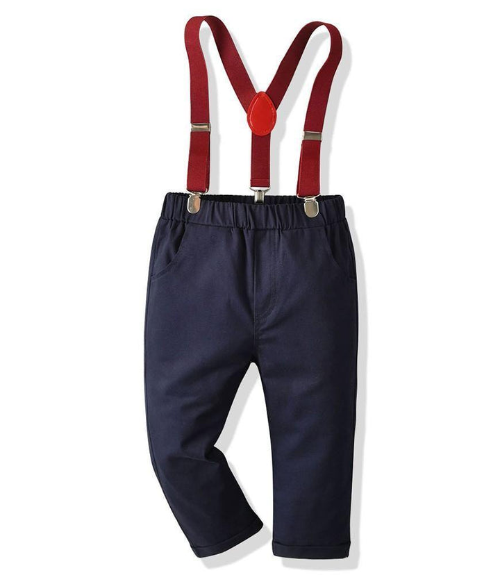 Boys Outfit Set Blue Cotton Shirt With Bow Tie And Suspender Pants - FADCOCO