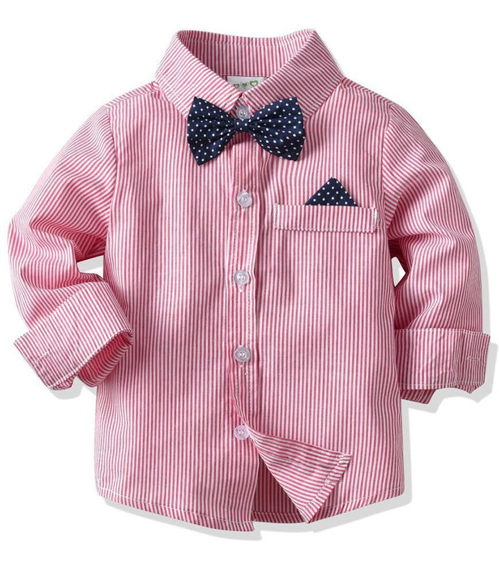 Boys Outfit Set Pink Cotton Shirt With Bow Tie N Khaki Suspender Pants - FADCOCO