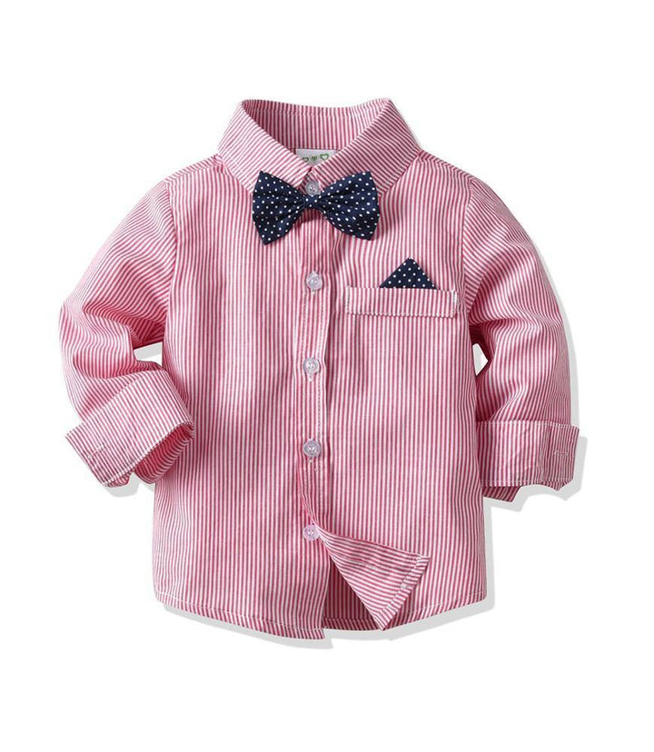 Boys Pink Cotton Shirt With Bow Tie N White Suspender Pants Outfit Set - FADCOCO