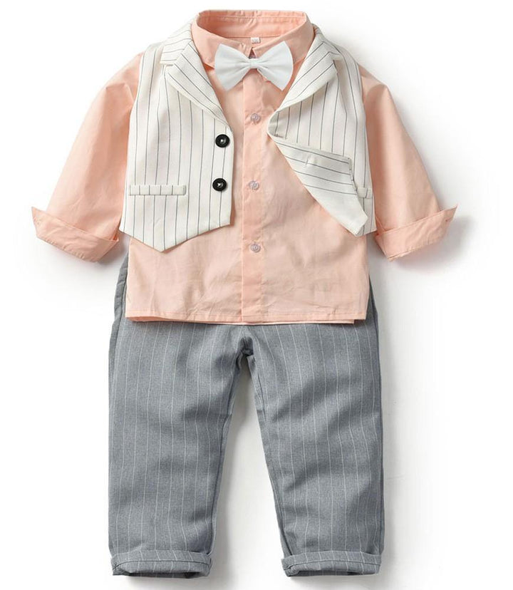 Boys Pink Cotton Shirt White Stripe Vest And Grey Pants Outfit Set