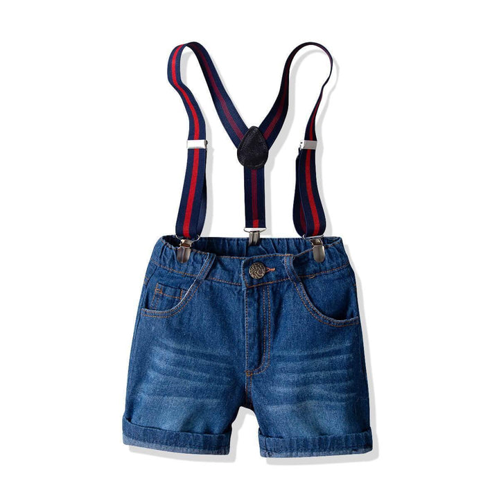 Baby Boys Short Sleeve Shirt With Bowtie Suspender Short Jeans Suits - FADCOCO