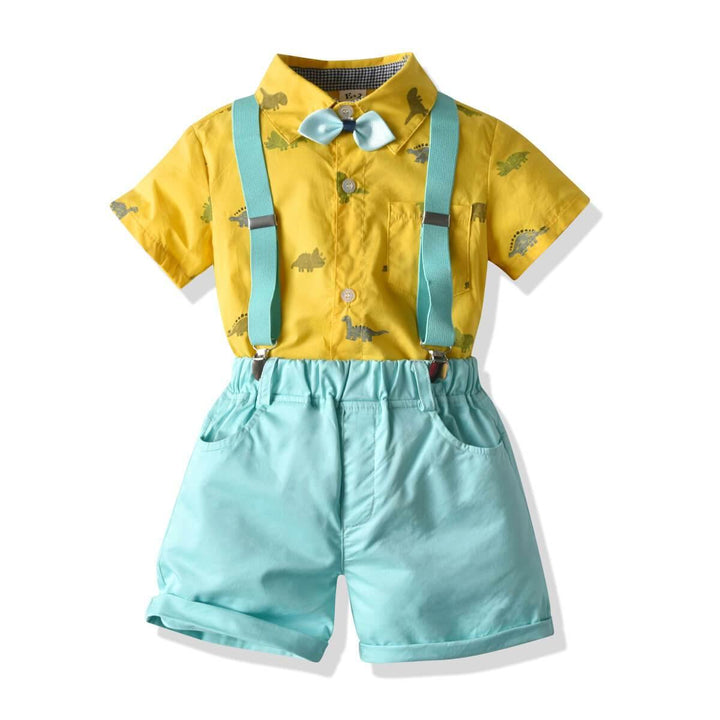 Boys Yellow Dinosaur Shirt With Bowtie And Blue Shorts 4-Set Suits