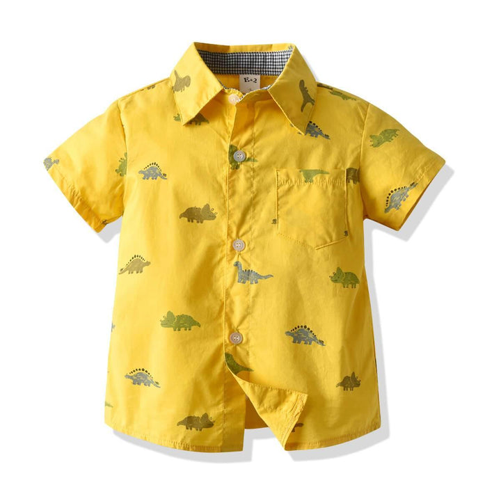 Boys Yellow Dinosaur Shirt With Bowtie And Blue Shorts 4-Set Suits - FADCOCO