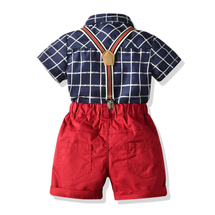 Baby Boys Blue Plaid Shirt With Bowtie Red Suspender Shorts Suits - FADCOCO