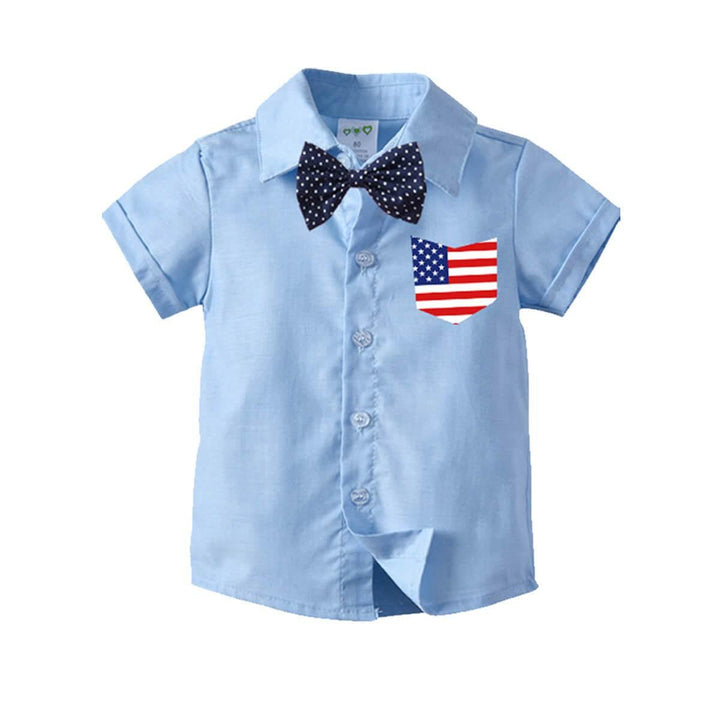 Baby Boys Blue Shirt With American Flag Pocket Ripped Jeans 3Set Suits - FADCOCO