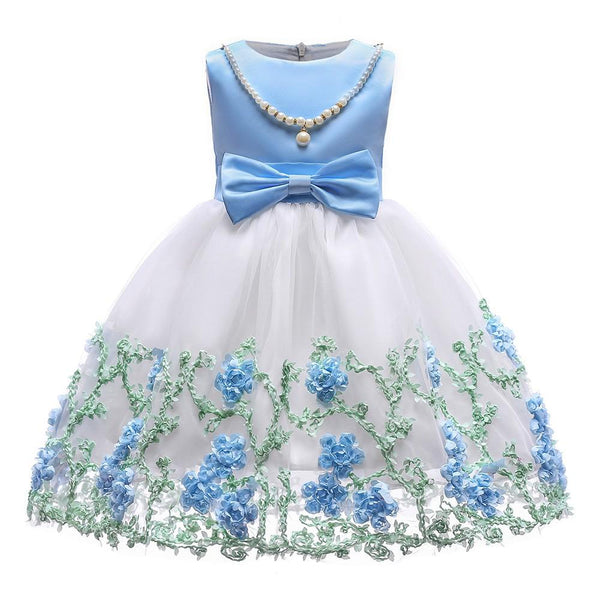 Blue White Flower Girls Pearl Necklace Bowknot Tulle Party Gown Dress