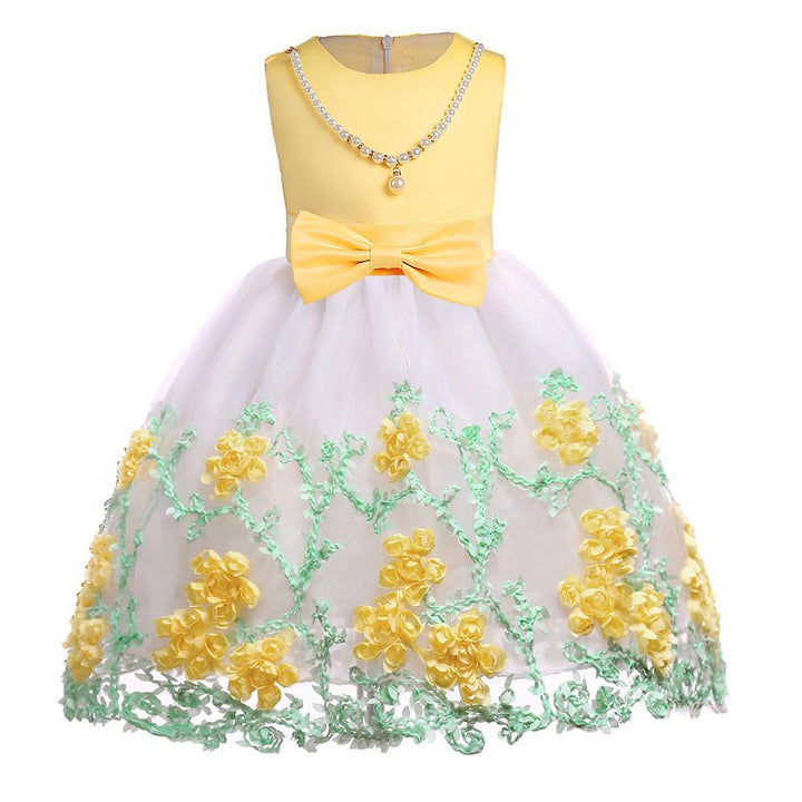 Yellow Flower Girls Pearl Necklace Tulle Bowknot Princess Gown Dress