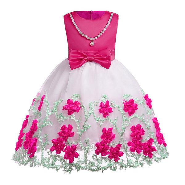 Deep Pink Girls Pearl Necklace Flower Tulle Bow Princess Gown Dress