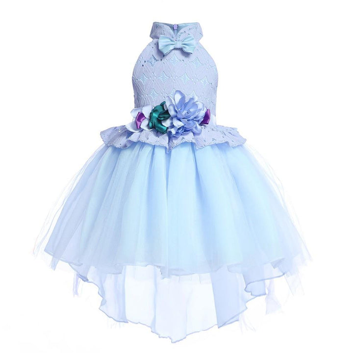 Girls Light Blue Lace Flower Peplum Tiers Tulle Party Gown Dress