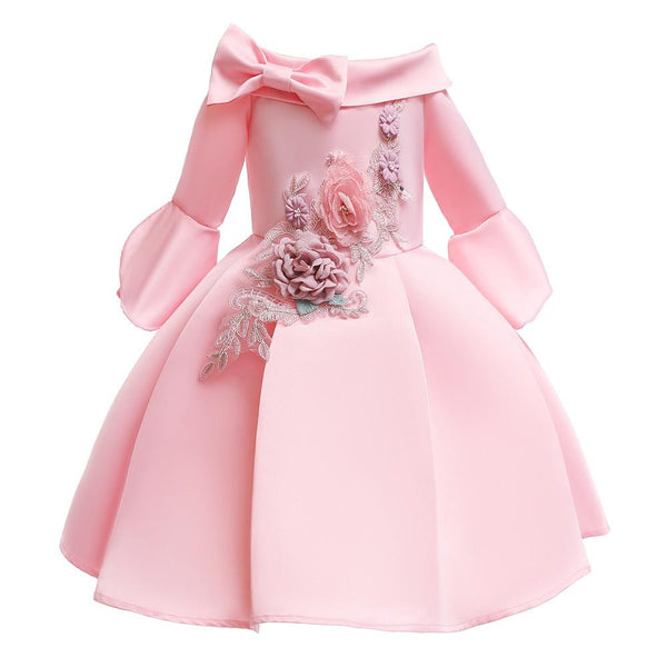 Pink Half Sleeve Princess Flower Girl Applique Skater Party Gown Dress