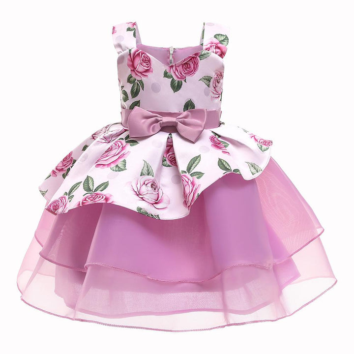 Girls Pink Rose Pattern Pageant Tiers Tulle Birthday Party Dress