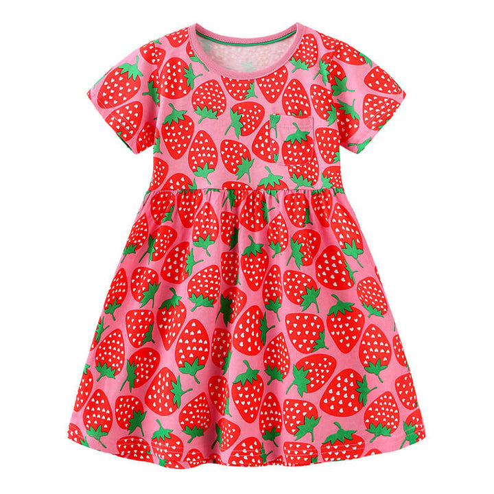 Girls Red Short Sleeve Strawberry Print Cotton Skater Dress