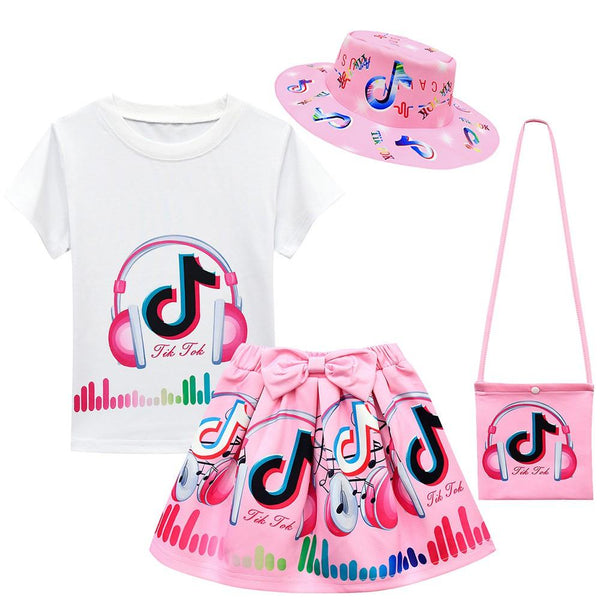 Girls Tik Tok Print T Shirt Hat Bag And Skirt Suit Set Summer Costume