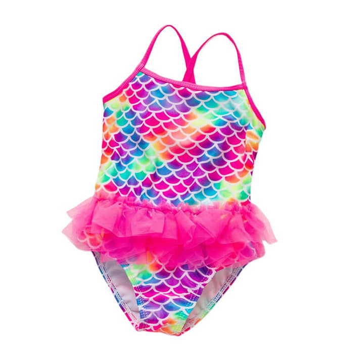 Little Girls Rainbow Mermaid Fish Scale Tutu Waist One Piece Swimsuit